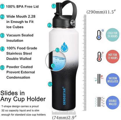 SENDESTAR Water Bottle 32oz,2 Lids(Straw lid),Wide Mouth Stainless Steel Vacuum Insulated Double Wall Keep Liquids Cold or Hot All Day,Sweat Proof Sport Design,Fit Car Cup Holder(Day&Night)
