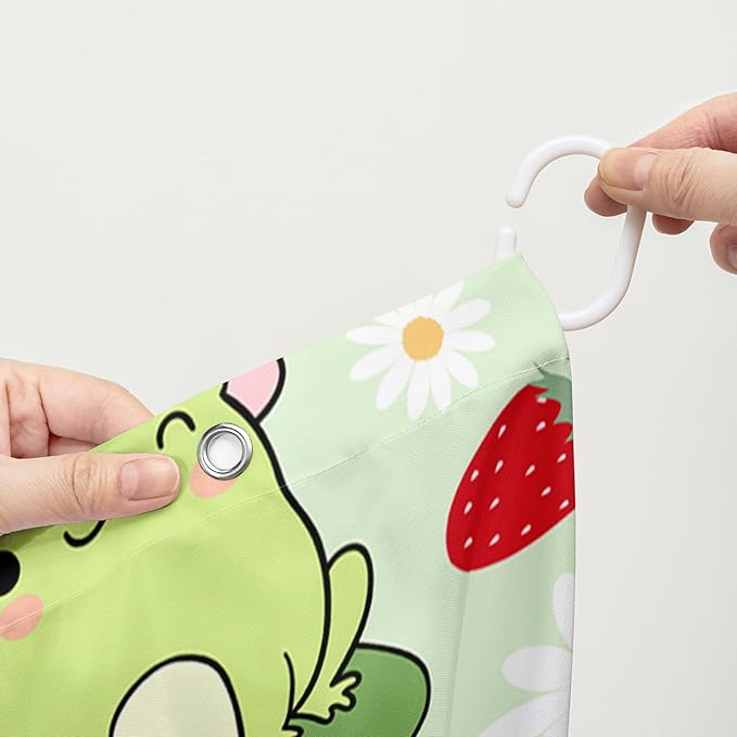 AILONEN Cute Frog Shower Curtain for Bathroom, Kawaii Strawberry and Frog Bath Curtain,Mushroom Frog Kids Girls Waterproof Curtain with 12 Plastic Hooks(72" W*84" H)