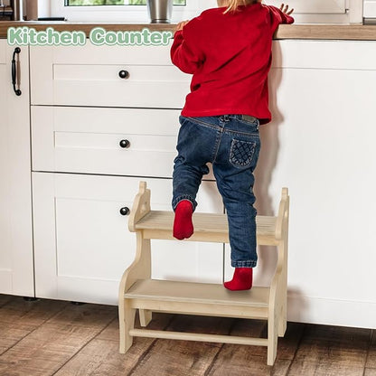 Wooden Step Stool for Kids, Toddler Step Stool for Bathroom, 2 Step Kids Stool with Handles for Kitchen/Bedroom/Closet/Child Potty Training