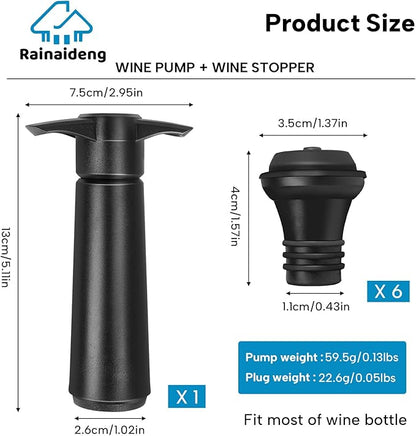 Wine Saver Pump with 6 Vacuum Stoppers，Wine Stopper, Wine Preserver, Wine Pump and Wine Vacuum Stopper are Black，Reusable Bottle Sealer Keeps Wine Fresh, Ideal Wine Accessories Gift