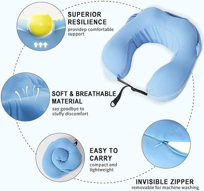 Travel Pillow with Hood for Airplane, 100% Pure Memory Foam Hooded Neck Pillow for Traveling, Car, Office, Soft, Machine Washable, Easy Storage, Blue