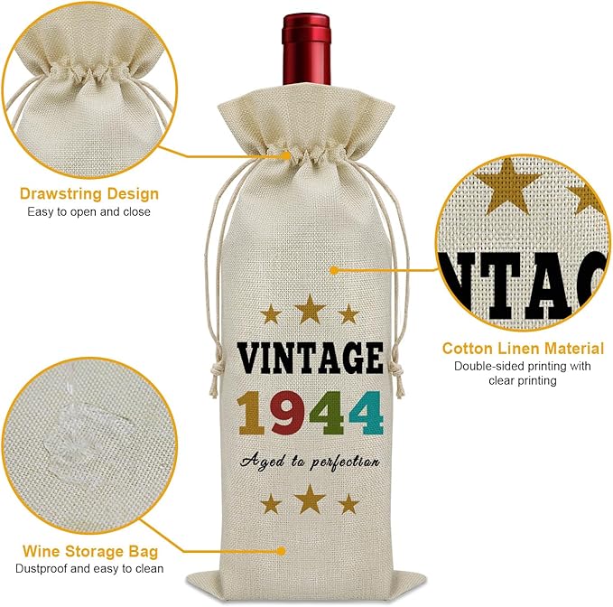Sazuwu Vintage 1944 Gifts for Women Men Wine Bag Happy 80th Birthday Mom Gifts 80 Year Old Birthday Gifts for Dad Wine Accessories Gifts for Wine Lovers Turning 80 Gifts for Grandma Grandpa