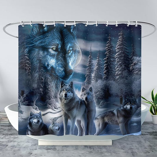 AILONEN Boys Snow Wolf Shower Curtain for Bathroom Decor,3D Night Galaxy Starry Wolf Decor Bath Curtain 60" W*72" H Polyester Fabric Waterproof Bathroom Curtain with 12 Hooks