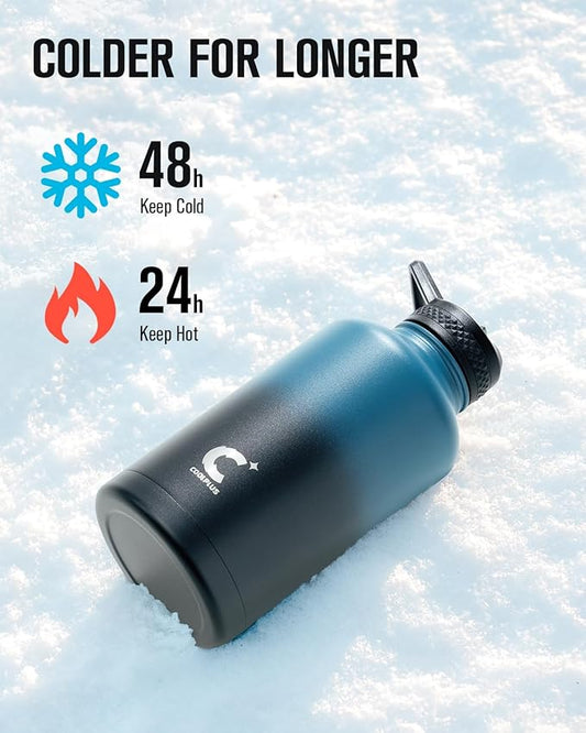 Coolplus 64 oz Water Bottle With Straw Spout Lid, Insulated Half Gallon Water Jug Stainless Steel Double-Walled Vacuum Metal Large Flask With Carry Sleeve, Keep Cold 48 Hrs Hot 24hrs, Blue Black
