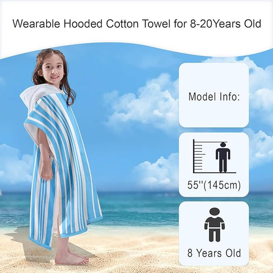 VOOVA & MOVAS Big Kids Poncho Towel with Hood - Teens Hooded Pool Towel Robe (8-16Years), Large and Absorbent Cotton - Versatile for Beach, Pool, Swim, and Bath,Light Blue Stripe