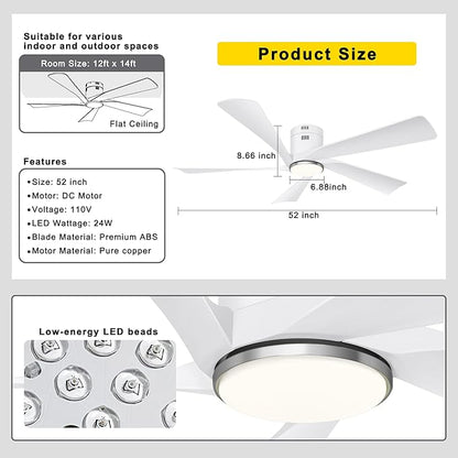 Ohniyou 52” Flush Mount Ceiling Fan with Lights, Remote & APP Control Low Profile Indoor Outdoor Ceiling Fans, Dimmable, Quiet DC Motor, Reversible, White