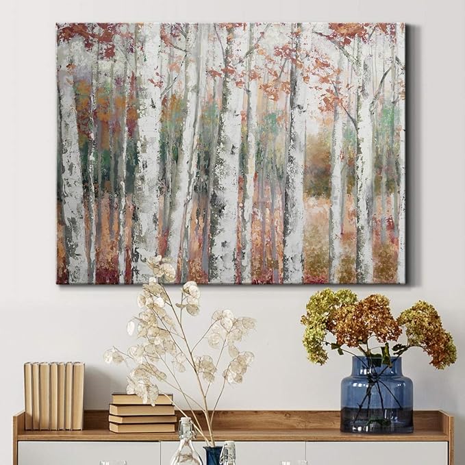 Renditions Gallery Canvas Nature Wall Art Modern Paintings Decorations Autumn Birch Forest Rustic Abstract Vibrant Foliage Wall Hanging Artwork for Bedroom Office Kitchen - 24"x36" LT33