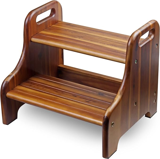 Wood Step Stool for Kids and Toddlers, Natural Acacia Solid Wood, Portable 2 Handles, Wider 2 Steps, Safe Non-Slip Bottom, Rounded Corners, Supports up to 300 lbs, Perfect for Children (Natural)