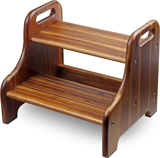 Wood Step Stool for Kids and Toddlers, Natural Acacia Solid Wood, Portable 2 Handles, Wider 2 Steps, Safe Non-Slip Bottom, Rounded Corners, Supports up to 300 lbs, Perfect for Children (Natural)
