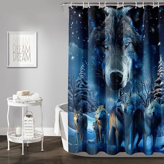 AILONEN 3D Howling Wolf Shower Curtain for Bathroo,Night Galaxy Starry Wolf Safari Animal Print Boys Teen Decor Bath Curtain 72" W*72" H Polyester Fabric Waterproof Bathroom Curtain with 12 Hooks