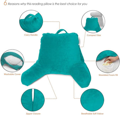 Nestl Reading Pillow Standard Bed Pillow, Back Pillow for Sitting in Bed Shredded Memory Foam Chair Pillow, Reading & Bed Rest Pillows Teal Back Pillow for Bed, Bed Chair Arm Pillow with Pockets