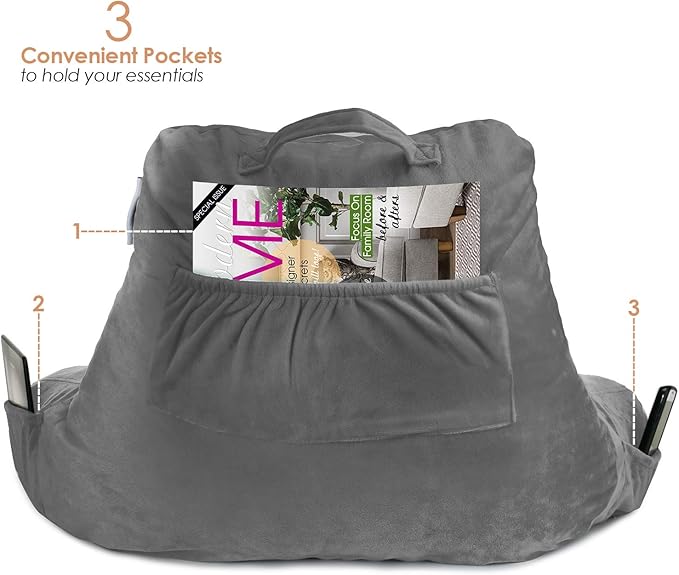 Nestl Reading Pillow for Kids, Small Bed Pillow, Back Pillow for Sitting in Bed, Memory Foam Chair Pillow, Reading & Bed Rest Pillows, Grey Back Pillow for Bed, Arm Pillow with Pockets