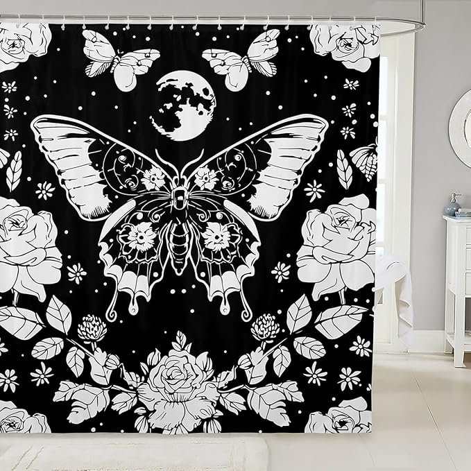 Feelyou Moon Butterfly Shower Curtain Bohemian Moth Fabric Curtain Kids Boys Girls Galaxy Floral Botanical Bathroom Waterproof Accessories with 12 Hooks Boho Exotic Style Black Curtains,72x72 Inches