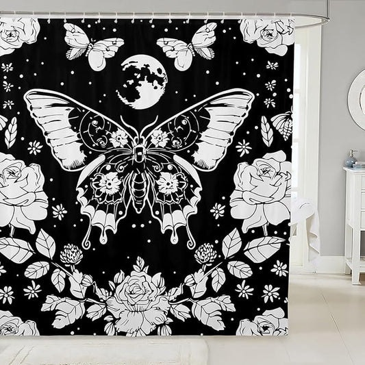 Feelyou Moon Butterfly Shower Curtain Bohemian Moth Fabric Curtain Kids Boys Girls Galaxy Floral Botanical Bathroom Waterproof Accessories with 12 Hooks Boho Exotic Style Black Curtains,72x72 Inches