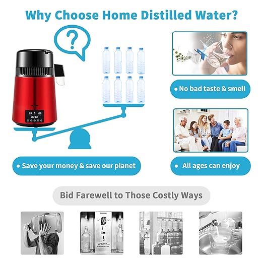 VEVOR 1.1Gal Water Distiller, 0.3Gal/H, Distilled Water Maker Machine 750W 0-99H Timing Dual Temp Display, 304 Stainless Steel Countertop Distiller Glass Carafe Cleaning Powder 3 Carbon Packs, Red