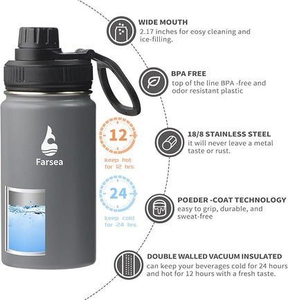 Farsea Insulated Water Bottle With Paracord Handle, Protective Silicone Boot and 2 Lids (Straw Lid & Spout Lid), Stainless Steel Water Bottle Wide Mouth, Double Wall Sweat-Proof BPA-Free,12 oz