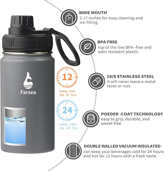 Farsea Insulated Water Bottle With Paracord Handle, Protective Silicone Boot and 2 Lids (Straw Lid & Spout Lid), Stainless Steel Water Bottle Wide Mouth, Double Wall Sweat-Proof BPA-Free,12 oz
