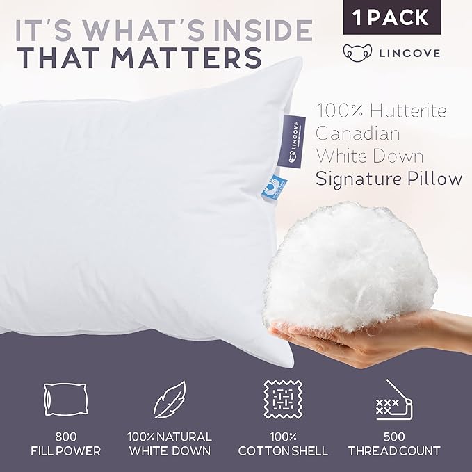 Lincove Signature 100% Natural Canadian White Down Luxury Sleeping Pillow - 800 Fill Power, 500 Thread Count Cotton Shell, Made in Canada, King - Soft, 1 Pack