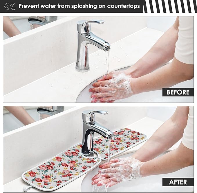 Kitchen Faucet Absorbent Mat,Rose Floral Flower Water Splash Guard for Sink, Faucet Drip Catcher Thicken Sponge Microfiber Faucet Water Catcher Mat Sink Absorbent Mat for Kitchen 23x5in 2Pack
