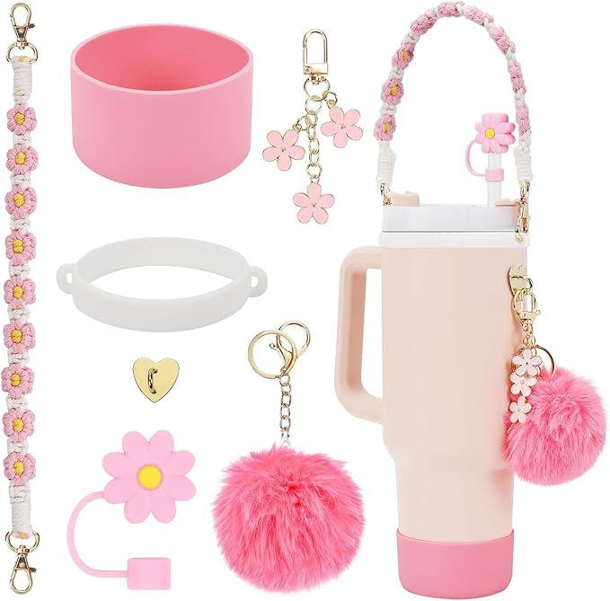 7PCS Water Bottle Cup Accessories Set for Stanley Cup 40oz & 30oz Tumbler, Including Water Bottle Handle Strap, Silicone Cup Boot, Silicone Straw Cover, Keychain Charms (Red)