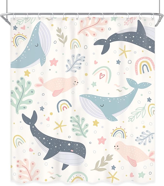 Kids Shower Curtain Ocean Cute Whale Rainbow Girls Cartoon Funny Sea Animal Underwater 60Wx72L Inch Shower Curtain Bathroom Set Colorful Lovely Bath Curtain Bathtub Accessories Home Decor