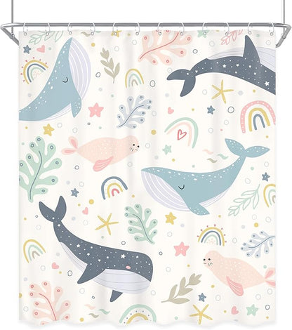 Kids Shower Curtain Ocean Cute Whale Rainbow Girls Cartoon Funny Sea Animal Underwater 60Wx72L Inch Shower Curtain Bathroom Set Colorful Lovely Bath Curtain Bathtub Accessories Home Decor