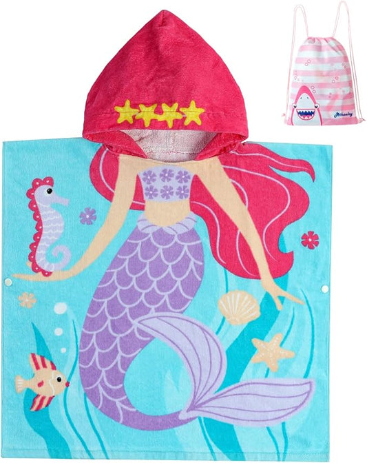 Cotton Kids‘ Towels with Hood for Bath Beach Pool Toddler Hooded Towel Poncho Swim Cover-ups with Drawstring Bag