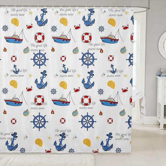 Feelyou Anchor Decor Shower Curtain 72"x72" Kids Sailboat Printed Bathroom Shower Curtain Set for Boys Girls Teens Nautical Compass Print Bath Curtain Ocean Marine Themed Bathroom Accessories