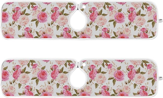 Kitchen Faucet Absorbent Mat,Pink Rose Flower Floral Water Splash Guard for Sink, Faucet Drip Catcher Thicken Sponge Microfiber Faucet Water Catcher Mat Sink Absorbent Mat for Kitchen 23x5in 2 Pack