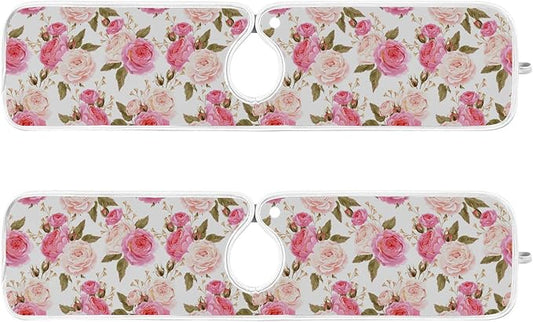 Kitchen Faucet Absorbent Mat,Pink Rose Flower Floral Water Splash Guard for Sink, Faucet Drip Catcher Thicken Sponge Microfiber Faucet Water Catcher Mat Sink Absorbent Mat for Kitchen 23x5in 2 Pack