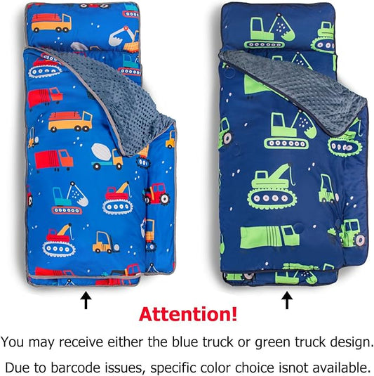 Nap Mat- Toddler Nap Mat with Pillow & Fleece Blanket- 55''*23''*2'' Nap Mat for Toddlers- Nap Mats for Preschool, Daycare（Rubber Band Style Blue Excavator）
