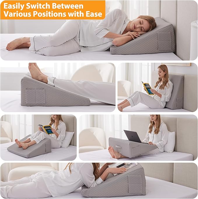 Bed Wedge Pillow for Sleeping, 10" Wedge Pillows for After Surgery, Soft Memory Foam Top, Triangle Pillow Wedge, Body Positioners for Leg Elevation, Acid Reflux, Gerd, Snoring Relief, Grey