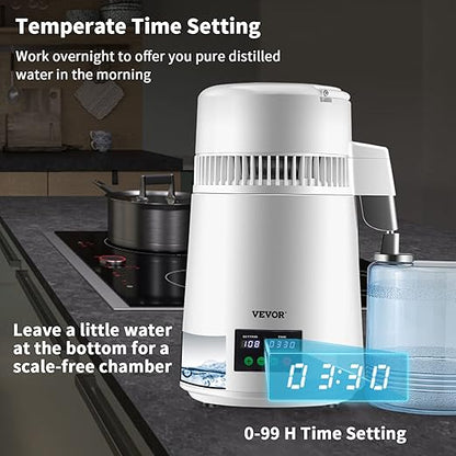 VEVOR 1.1Gal Water Distiller, 0.3Gal/H, Distilled Water Maker Machine 750W 0-99H Timing Set Temp Display, 304 Stainless Steel Countertop Distiller Plastic Carafe Cleaning Powder 3 Carbon Packs, White