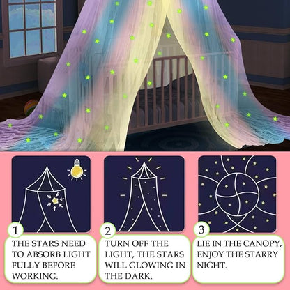 Daksha Rainbow Princess Bed Canopy for Girls with Glowing Stars, Room Decor, Bed Curtains, Ceiling Tent, Fits Twin, Full and Queen Size Beds