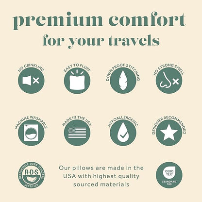Goose Down Travel Pillow - Filled with 800 Fill Power European Goose Down, Egyptian 300 Thread Count 100% Cotton Cover for Plane car & Home - Made in USA (12x16)