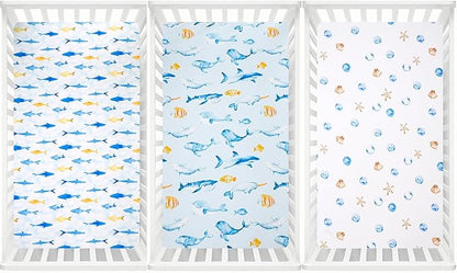 david's kids 3 Pack Fitted Crib Sheets, Ultra Soft Breathable Comfortable Baby Sheet Set for Boys Girls Neutral, 28x52 Inch Fits Standard Crib and Toddler Mattresses, Whale