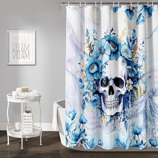 AILONEN Sugar Skull Blue Shower Curtain, Watercolor Floral Skull Octopus Printed Bath Curtain,Bathroom Waterproof Shower Curtain for Boys Girls 72" W x 84" H,with 12 Plastic Hooks