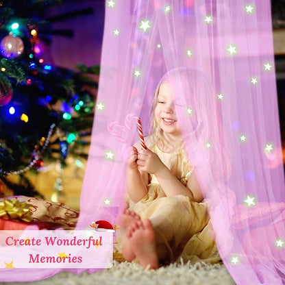 South to East Princess Bed Canopy for Girls with Glowing Stars, Pink Canopy for Girls Room, Bed Canopy Curtains from Ceiling for Twin Beds, Full Size Beds, Ideal Gift for Girls, Fire Retardant Fabric