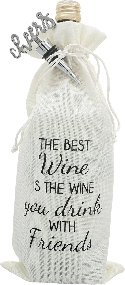 Pavilion Gift Company Drink with Friends-13 Wine Gift Bag Set, 13", Cream/Beige, Black, Silver