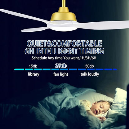Sevenine Ceiling Fan with Light,White Gold Ceiling Fan,3 Blades,Downrod,6 Speed Adjustable,Dimmable LED,3 Timers,Reversible DC Motor, for Patio Living Room Bedroom Dining Room (White Gold, 52)