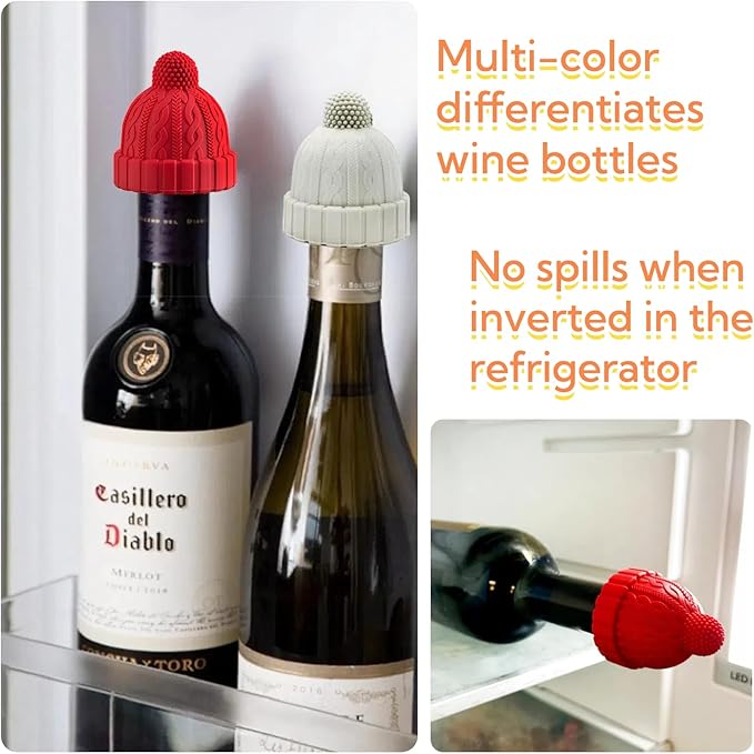 Silicone Wine Bottle Stopper, Reusable Wine Saver to Keep Wine Sealed/Fresh, Fun Wine Stoppers with Knitted Hat Design, Great Choices for Wine Lovers - Standard Bottles Are Applicable(Grey)