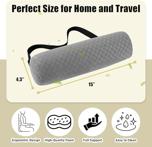 Lumbar Roll Pillow for Lower Back, Lumbar Support Foam Roll Cushion with Pillowcase and Upgraded Strap for Office, Chair, Car, Seat Pain Relief & Improving Posture (Light Grey, Long-15*4.3'')