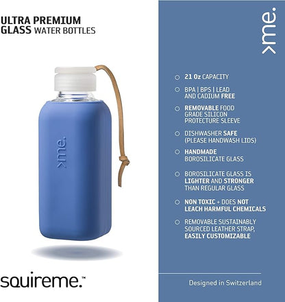 Y1 Borosilicate Glass Water Bottles, Clear Bottle, Reusable, BPA Free, Tumbler, Dishwasher Safe, Drink Container, Silicone Sleeve, Easy-Off Lid, Hot and Cold Liquid, Royal Blue 20oz