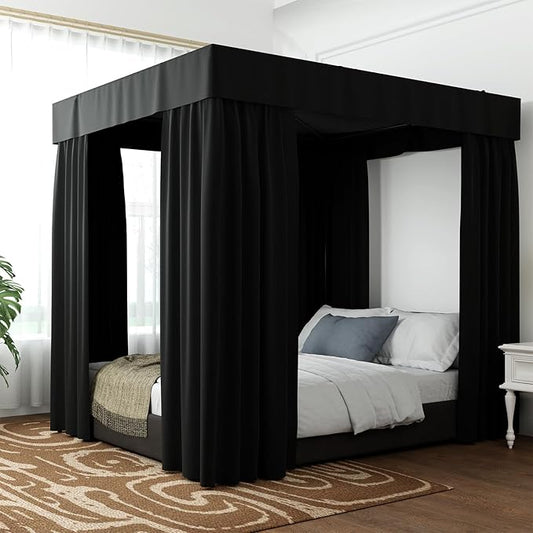 Hvqic Black Canopy Bed Curtains - 4 Corner Post Bed Curtains King Bed Curtains Lightproof Drapes Bed Canopy for Adults & Girls Bedroom Decoration (King,Black)