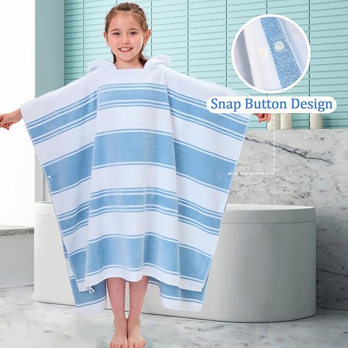VOOVA & MOVAS Hooded Poncho Towels for Big Kids Boys (8-16Years), 100% Cotton Thick Poncho Towel Robe for Kids, Perfect for Pool, Beach, Bath and Gifts, Blue White Stripe