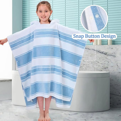 VOOVA & MOVAS Hooded Poncho Towels for Big Kids Boys (8-16Years), 100% Cotton Thick Poncho Towel Robe for Kids, Perfect for Pool, Beach, Bath and Gifts, Blue White Stripe