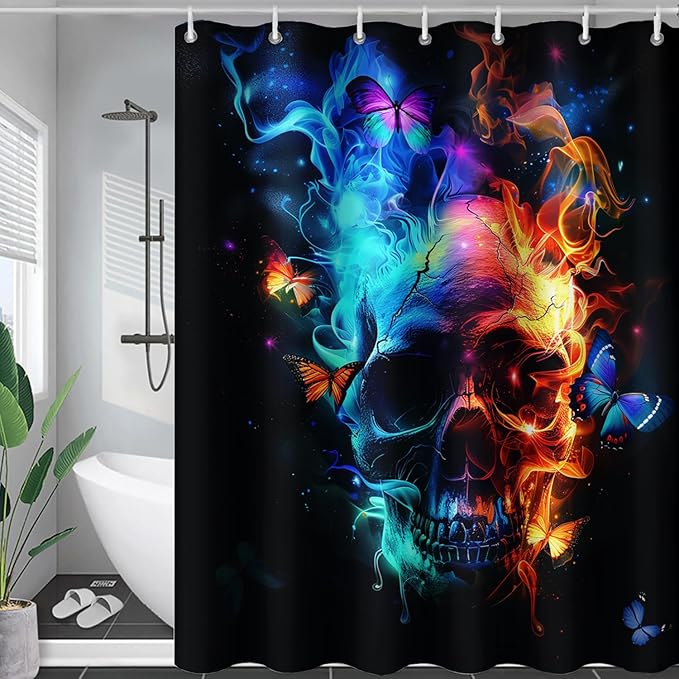 AILONEN Sugar Skull Shower Curtain for Bathroom,Blue and Red Smoky Skull Bath Curtain Decoration,Starry Butterfly Skull Skeleton Print Waterproof Shower Curtain with 12 Plastic Hooks, 72" W*78" H