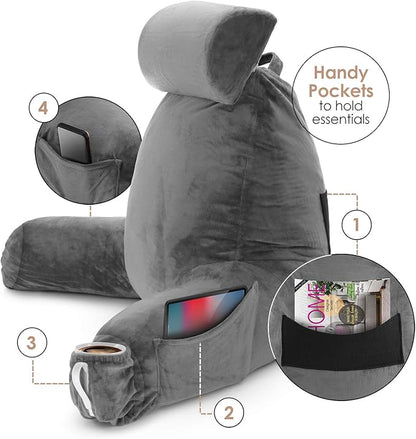 Nestl Reading Pillow Large Bed Pillow, Back Pillow for Sitting in Bed Shredded Memory Foam Chair Pillow, Reading & Bed Rest Pillows Grey Back Pillow for Bed, Bed Chair Arm Pillow with Pockets