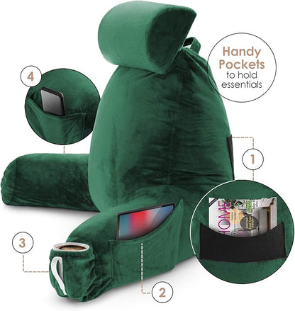 Nestl Reading Pillow Large Bed Pillow, Back Pillow for Sitting in Bed Shredded Memory Foam Chair Pillow, Reading & Bed Rest Pillows Dark Green Back Pillow for Bed, Bed Chair Arm Pillow with Pockets