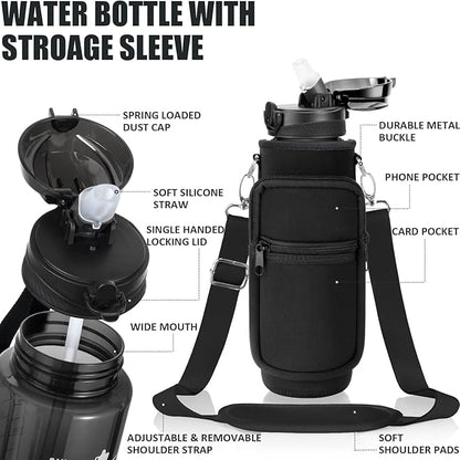Fimibuke 32 oz Water Bottle with Sleeve - BPA Free Leakproof Sport Large 1L Plastic Motivational Water Bottle with Straw Strap & Insulated Neoprene Holder Carrier Bag Great Xmas Gift for Women Men